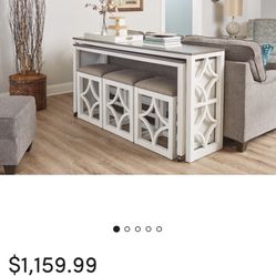 72" Cottage White + Brown 5 Piece Sliding Bar Console Table With 3 Stools