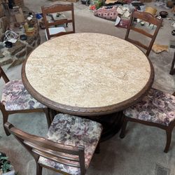 Antique Teak Wood/Marble Table With 6 Chairs