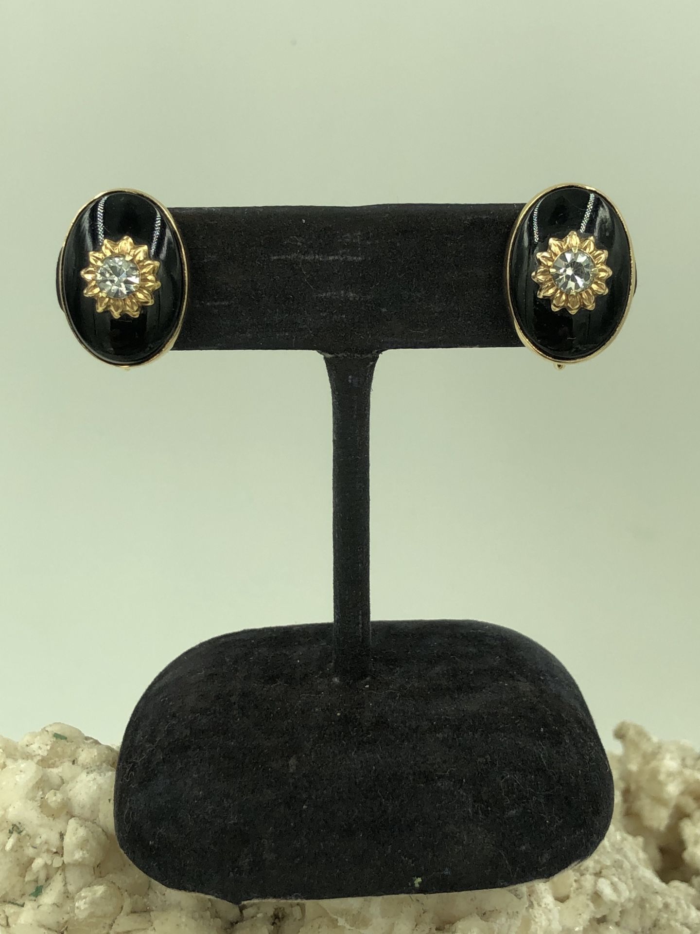 12K Yellow Gold Filled Onyx & CZ Screw Back Earrings