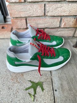 Authentic Prada Americas Cup Green Patent Leather Sneakers Men's US Size 10