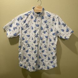 Men’s 2XLT Polo Ralph Lauren White Blue Bear Windsurfing Hawaiian Oxford Shirt