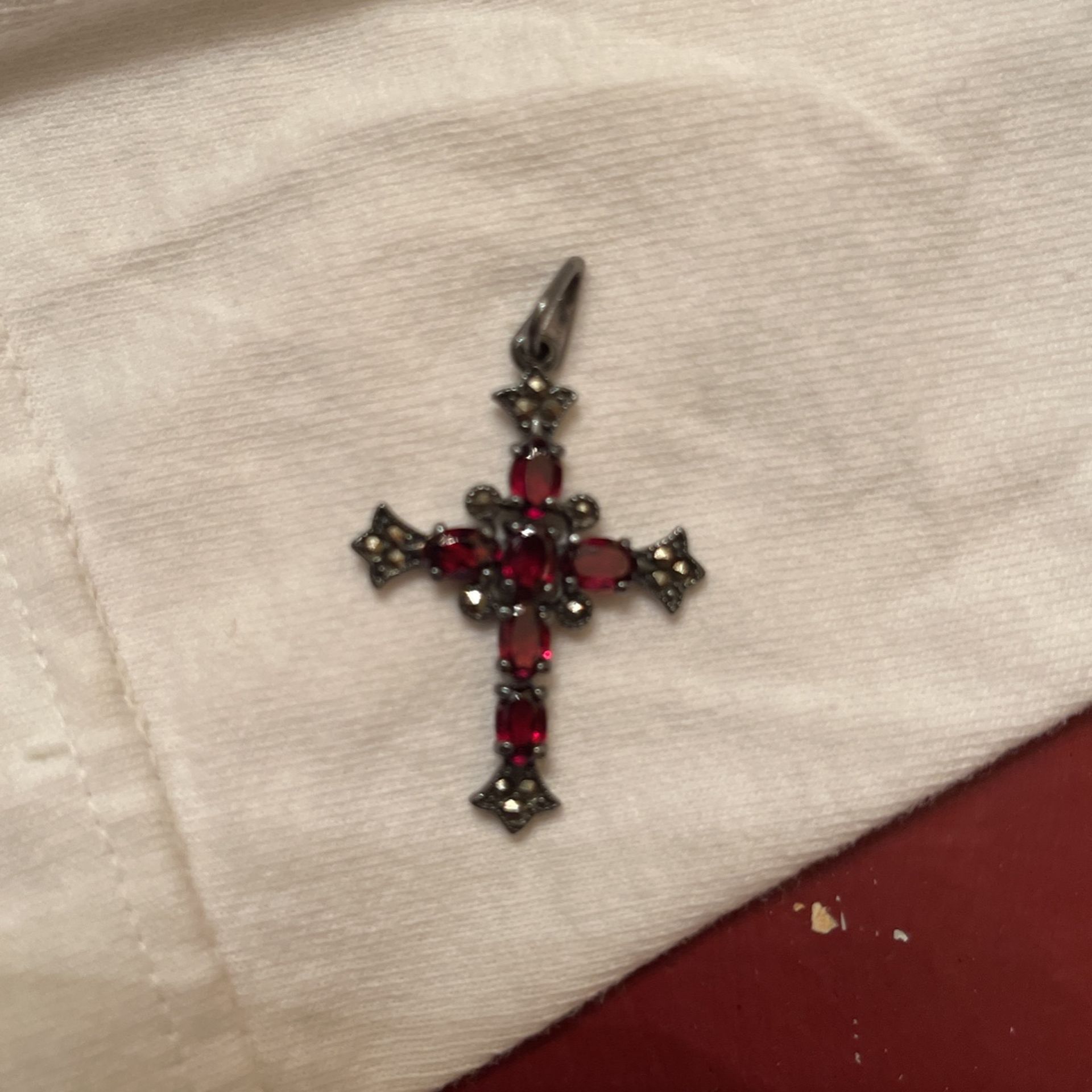 Garnet & Marcasite Cross Pendant On Sterling Silver