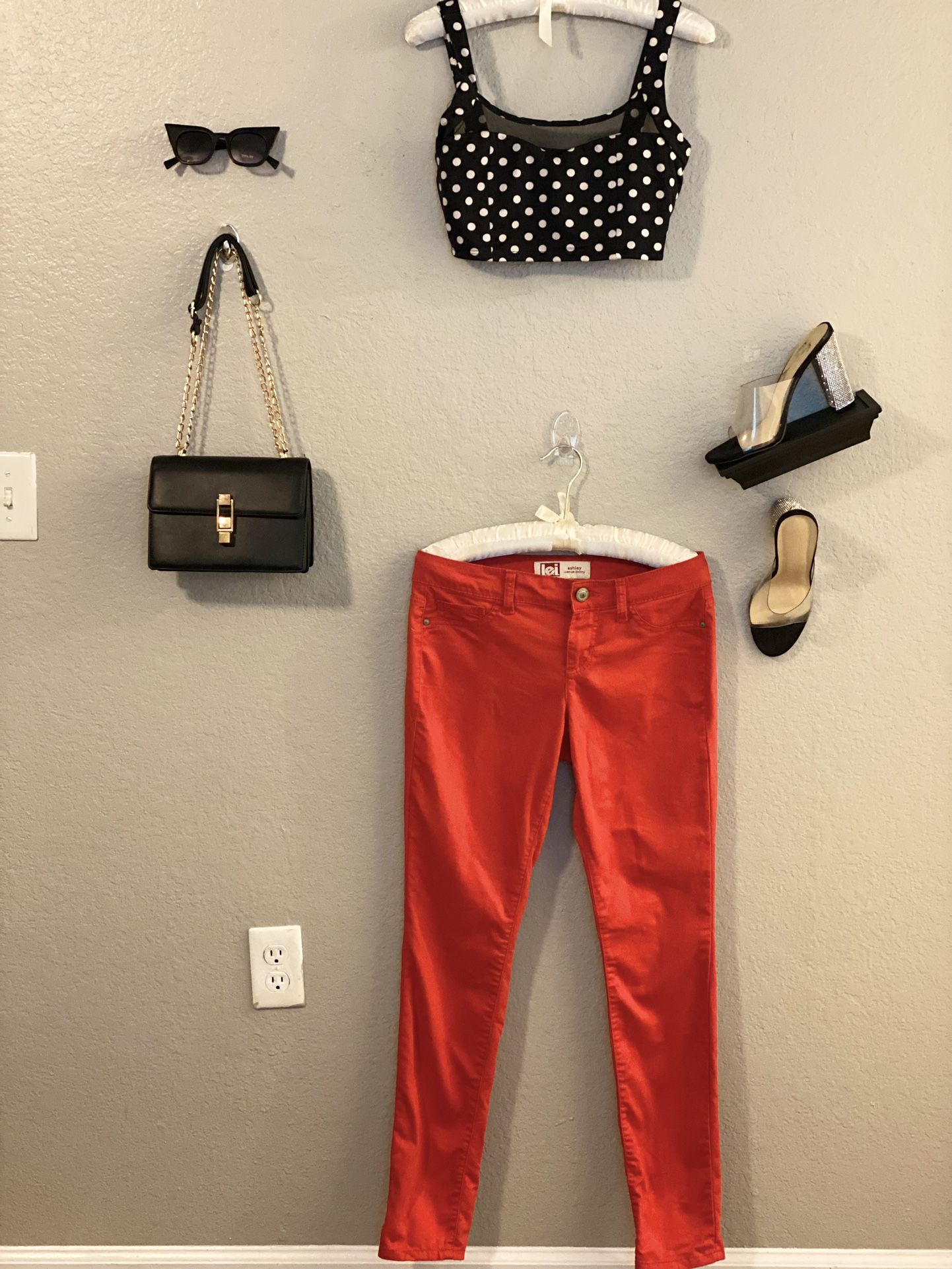 Polka Dot Crop Top W/ Mesh Detail | LEI Red Skinny Jeans