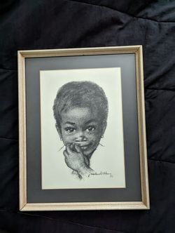 Vintage Beautiful Child Framed Charcoal Painting