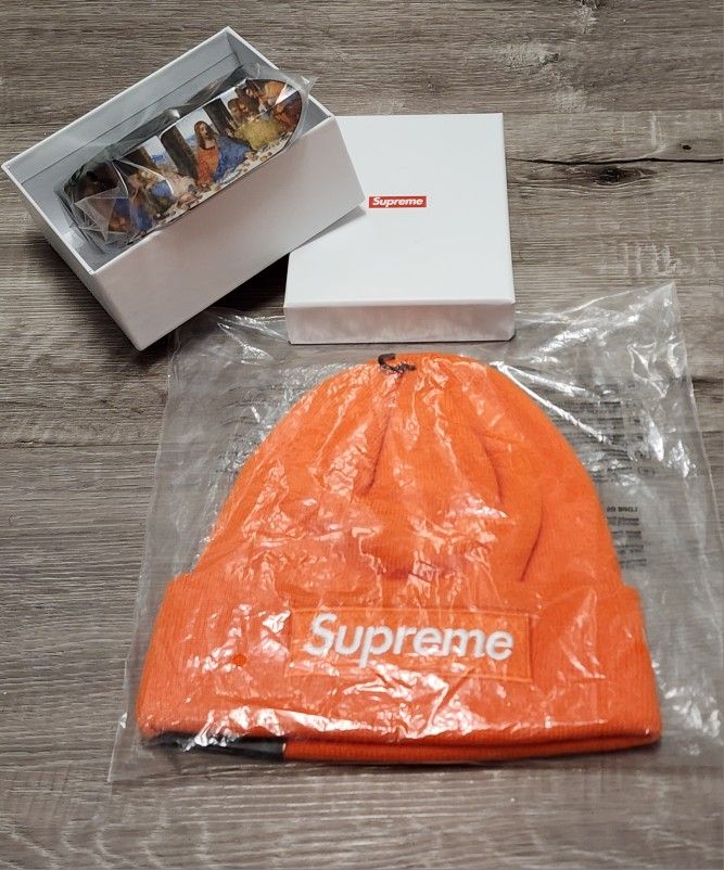 SUPREME LAST SUPPER LEATHER BELT SS25 SZ MED COMBO/W ORNG BOX LOGO BEANIE SS24🔥🔥