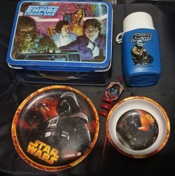 Star Wars Empire Strikes Back Metal Lunchbox W/ Thermos 1980 + Plate, Bowl, & Straw Bundle