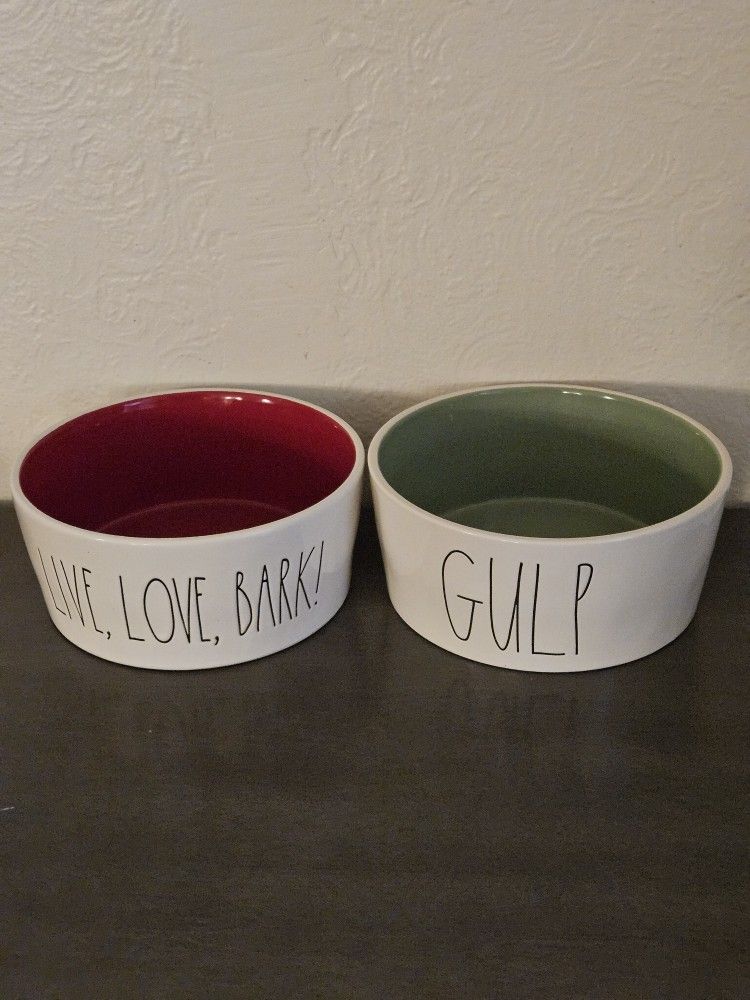 Pair Of Large Ceramic Pet Food Bowls By Rae Dunn