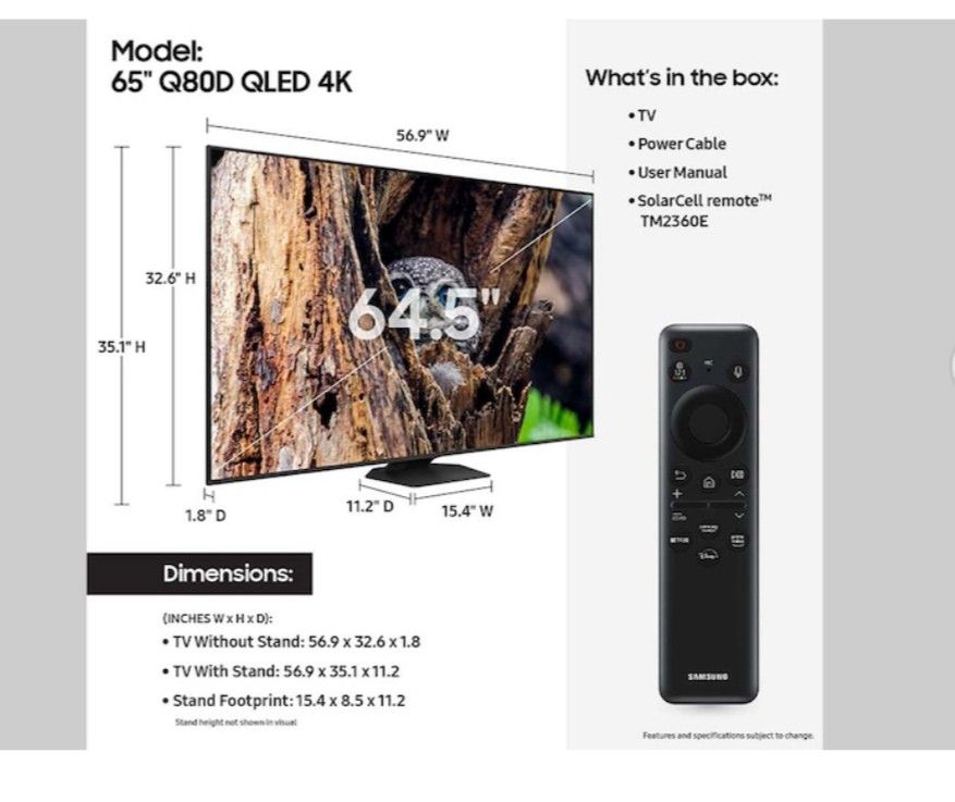 SAMSUNG 65"INCH QLED 4K Q80D ALL ACCESSORIES INCLUDED OPEN BOX NEVER USED. 