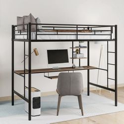 NEW Twin Bed Steel Metal Loft Desk Shelf Ladder Black