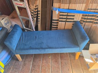 Blue Velvet Upholstered Bench with Wood Legs
