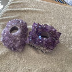 Two Amethyst Crystal Candle Holders 