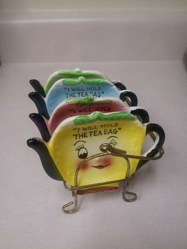Vintage Retro Mid Century Tea Bag Holder Set "I will Hold The Bag" Made