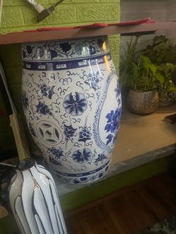 Blue and White Ceramic Garden Stool
