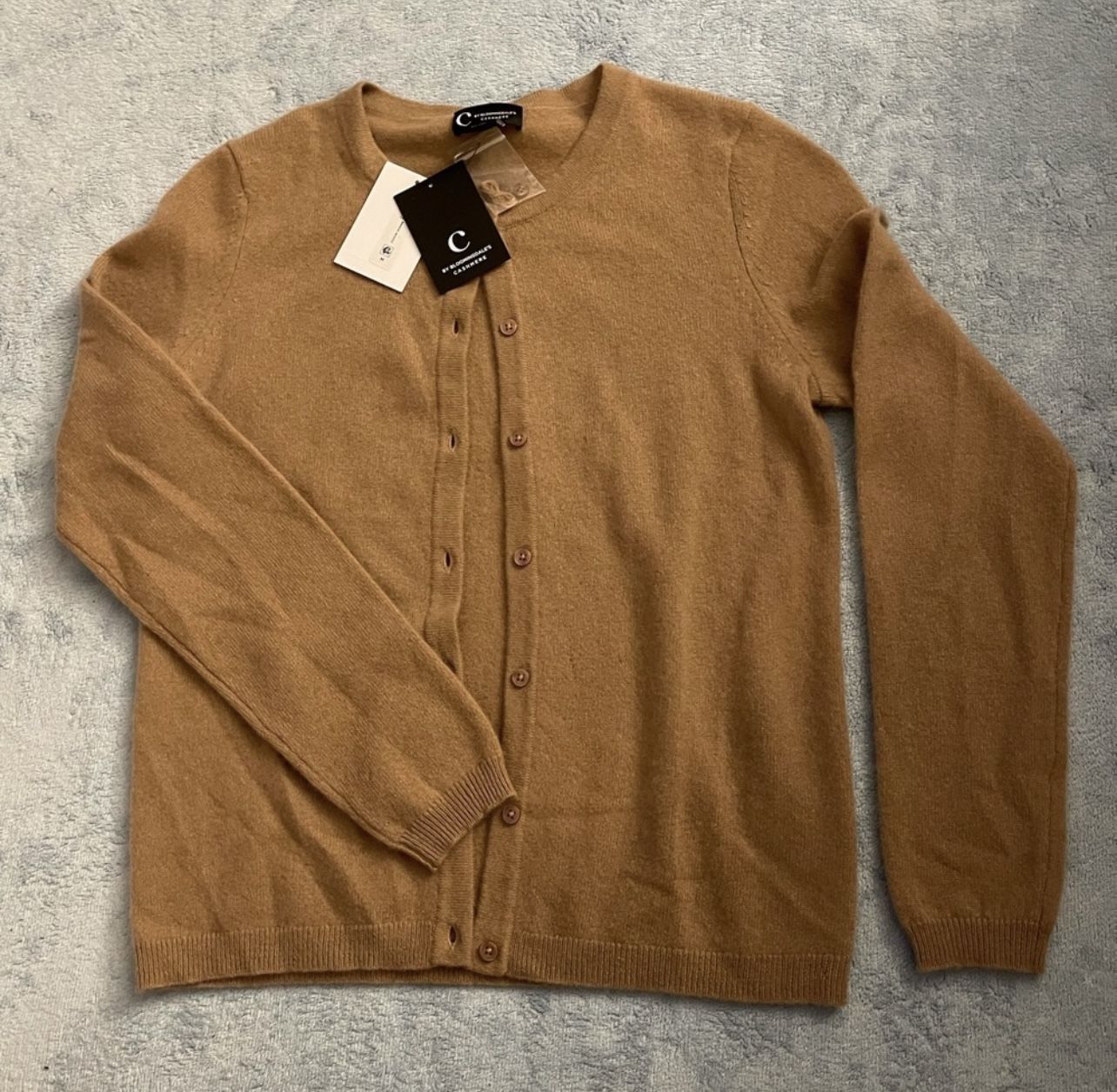 C by Bloomingdale’s Light Brown Cashmere Cardigan Sweater, Women’s Medium, New With Tags