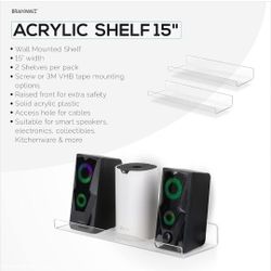 BRAINWAVZ 2-Pack 15" Floating Acrylic Wall Shelf for Speakers, Books, Decor, Plants, Cameras, Photos, Kitchen, Bathroom, Routers 