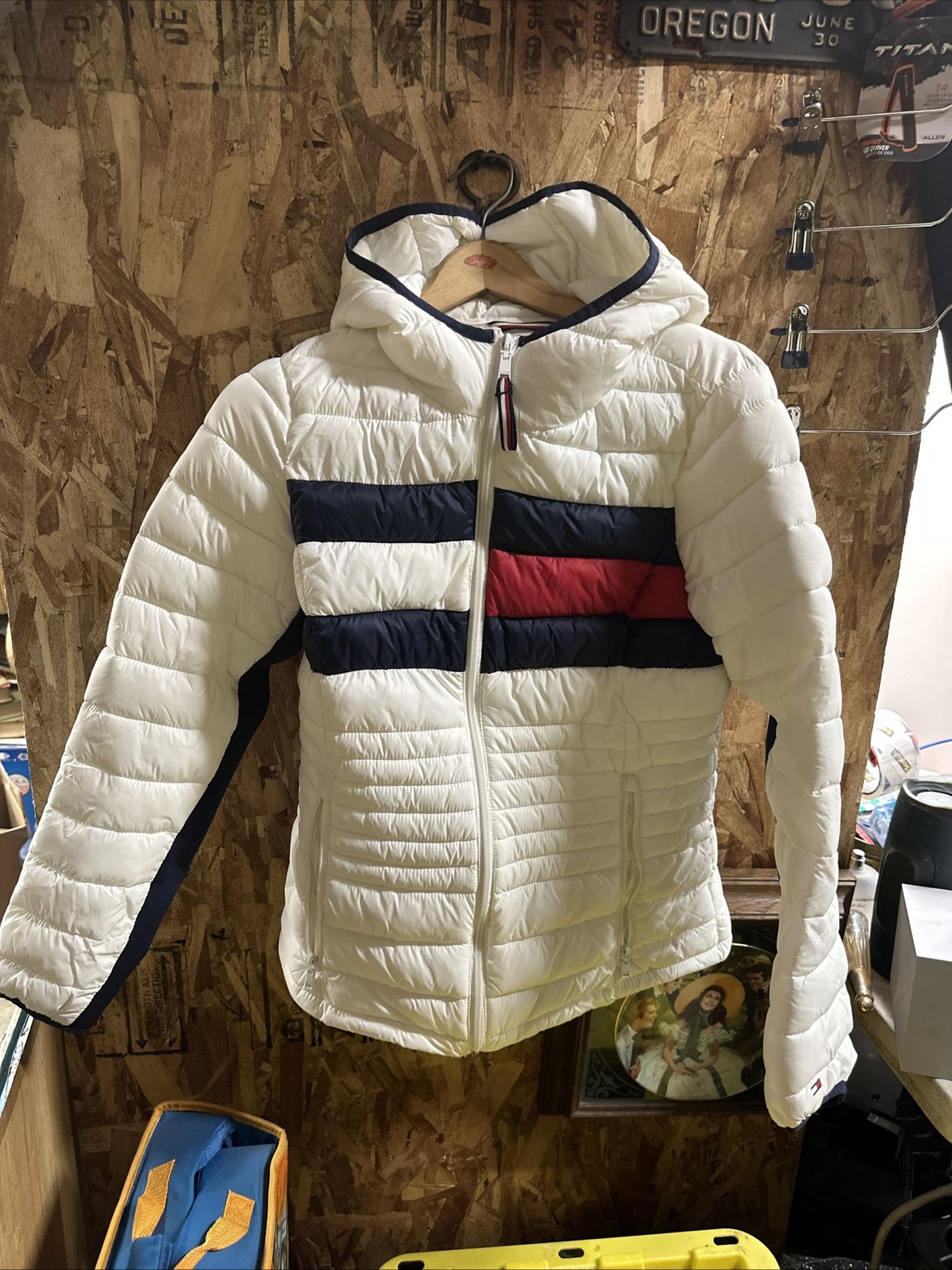 Tommy Hilfiger Women's S White Color Block Full Zip Up Jacket Puffer Hoodie #S8