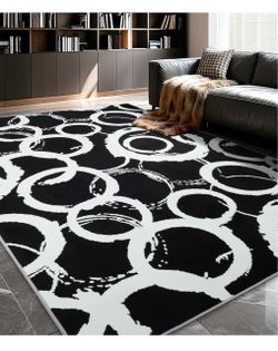 YIHOUSE Black Modern Geometric Area Rug 5x7, Black and White Rug with Abstract Circles