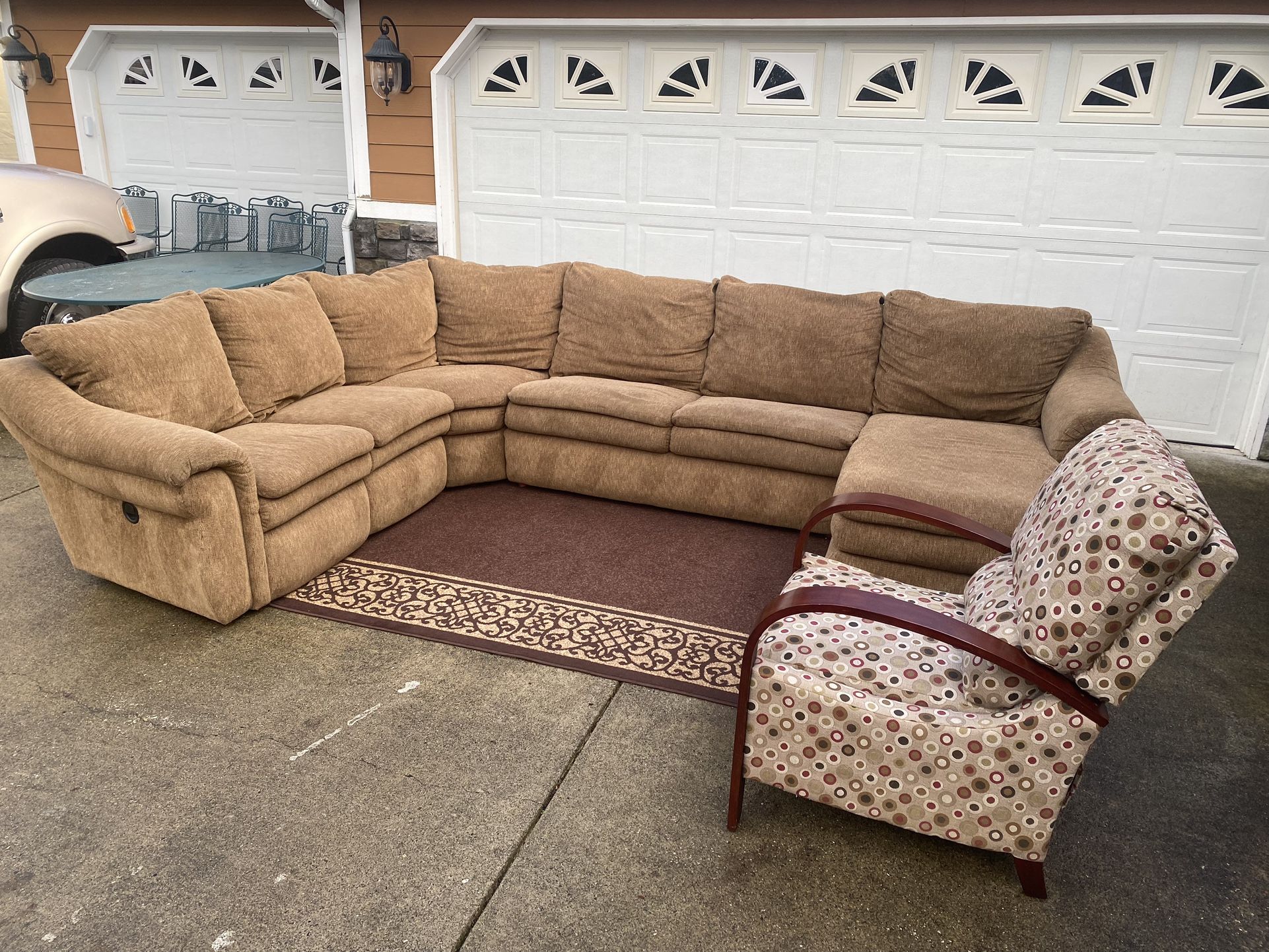 Sectional Couch w/ Chaise Lounge And Cherry Wood Recliner