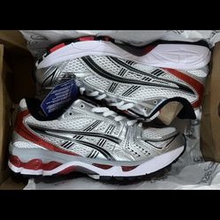 ASICS Gel Kayano 14 Running Sneakers Silver White Red size 6, 6.5