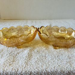 2 Jeannette Floragold Iridescent Carnival Glass Scalloped Edge Four Toed Open Candy Dishes/Decor
