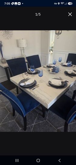 7 Piece Dining Room Set - Granite Dining Table, Blue Velvet Chairs, And Granite Side Table