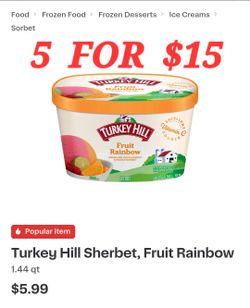 5 Large Turkey Hill Fruit Rainbow Sherbets Only $15 For All!