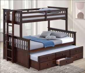 Brand New Espresso Twin over Full Bunk Bed w Trundle Bed + Drawers