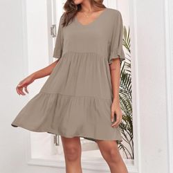 NEW LARGE BEIGE Summer Dresses for Women 2024 Casual Babydoll V Neck Ruffle Short Sleeve A Line Dress Beach Tiered Dress with Pockets