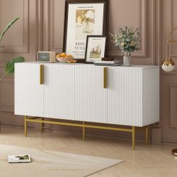 60" White Mid-Century Modern Sideboard / Buffet w/ 4-Door Storage Cabinet & Gold Trim   [NEW IN BOX] **Retails for $500 <Assembly Required