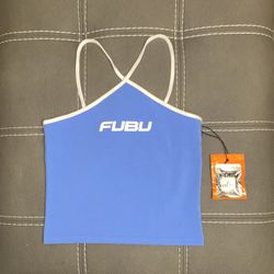 New FUBU Crop Top V Strap Neckline Blue With Shoestrings Stretchy FOREVER 21. 