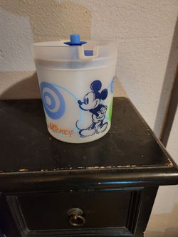 Tupperware Brand Mickey Mouse Plastic Pitcher, Blue Pitcher and Blue Food Container, and Purple Pitcher with Purple Plastic Tray!