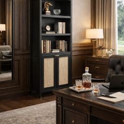 Bookshelf 5 Tier Rattan Boho Bookcase with Doors Storage Large Book Case Shelf Farmhouse Bookshelves Library Book Shelves for Living Room Bedroom Home