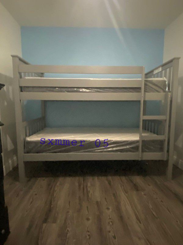 Bunk Bed Twin Over Twin  With Matress New Inside The Box 📦 Available In White Color Only Same Day Delivery 