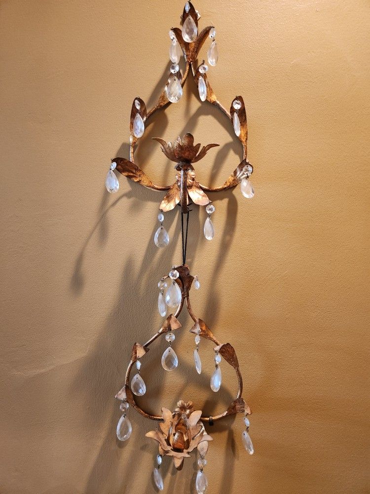 Antique/Vintage Gold Gilt Metal & Glass Crystal Candle Holder/Candelabra Lamp Sconces/Wall Art Work Decor