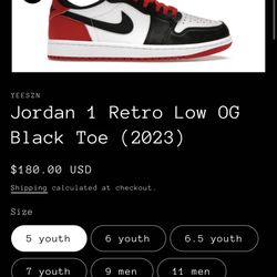 Nike Air Jordan 1 Black Toe Youth Sizes And Men Sizes $120