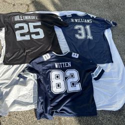 Football and hockey Jerseys - XL in good shape  2 Cowboys Jerseys   3 football   Jason Witten $20 and R. Williams $10  Raiders Fred Biletmikoff $25  