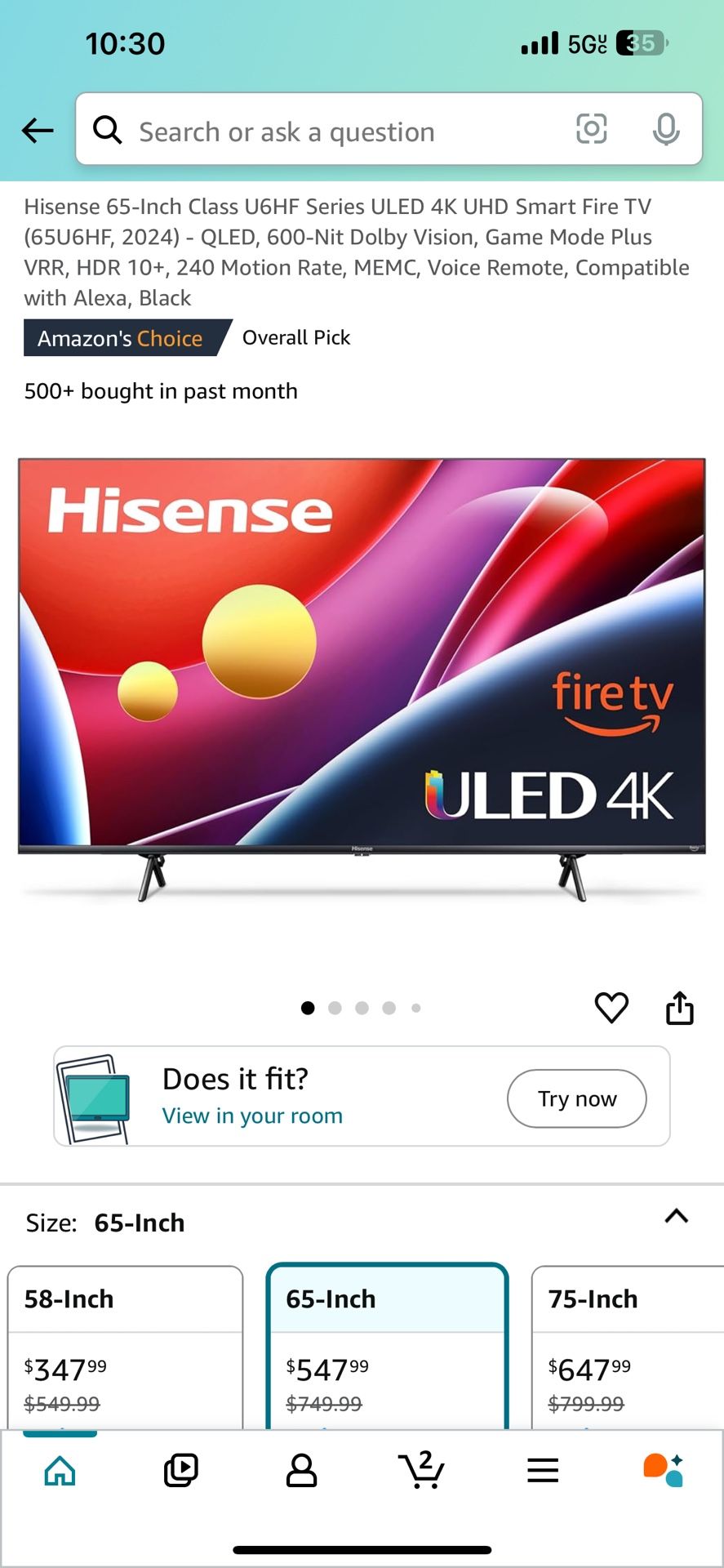 Hisense 65-Inch Class U6HF Series ULED 4K UHD Smart Fire TV (65U6HF, 2024) - Sound Bar