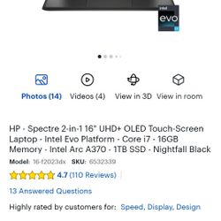 Spectre 2-in-1 16" UHD+ OLED Touch-Screen Laptop - Intel Evo Platform - Core i7 - 16GB Memory - Intel Arc A370 - 1TB SSD - Nightfall Black

