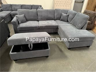 106” New Plush Gray Sectional, Sectional And Storage Ottoman, Sectionals, Sofa, Couch, Gray Couch, Grey Couch, Corduroy Sectional, USB Charger Sofa