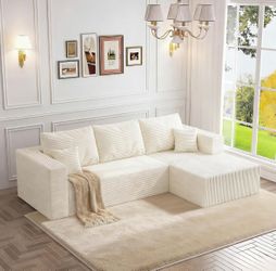 Brand New Boneless Beige Corduroy Sectional – Right-Facing Chaise
