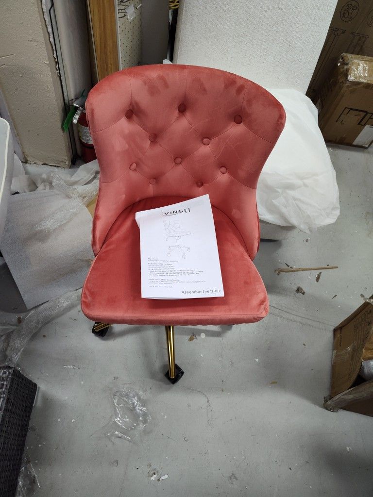 VINGLI Light Pink Velvet Armless Home Office Desk Chair with Gold Base/Wheels,Cute Vanity/Makeup Chair with Back for Bedroom, Upholstered Adjustable R