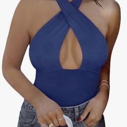 Criss Cross royal blue Halter Neck Sleeveless Thong Bodysuit  Top Size  L.   (G)