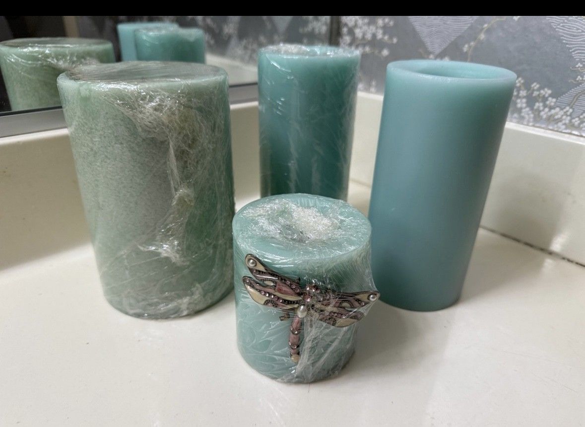 New Decorative Pillar Candle Bundle Green Aqua Dragonfly Bundle  Home Decor
