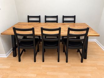 IKEA SKOGSTA Solid Wood Dining Table + 6 Black Chairs