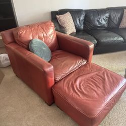 2 Red Leather Armchairs with Ottomans