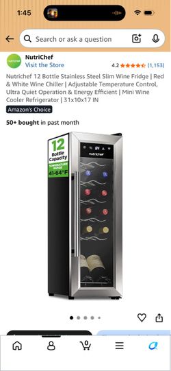Nutrichef 12 Bottle Stainless Steel Slim Wine Fridge