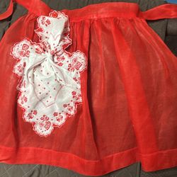 Vintage Hand Sewn Red Sheer Half Apron Floral Heart Hankie Pocket