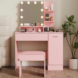 New Pink Vanity Desk w/ LED Mirror & Charging Station, Seating Stool