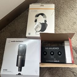 Audio-technical AT2020 mic, headphones, and m-audio