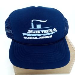 Vtg Foam Trucker Hat "Mark Twain Hannibal Missouri" Double Snapback Blue/White